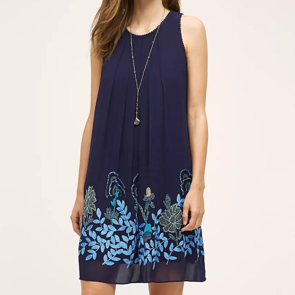 ANTHROPOLOGIE Not So Serious Navy Blue Floral Beaded Woodvine Swing Dress